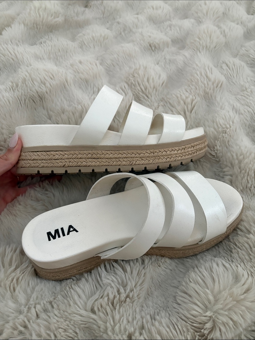 MIA White Triple-Strap Espadrille Platform Slides
